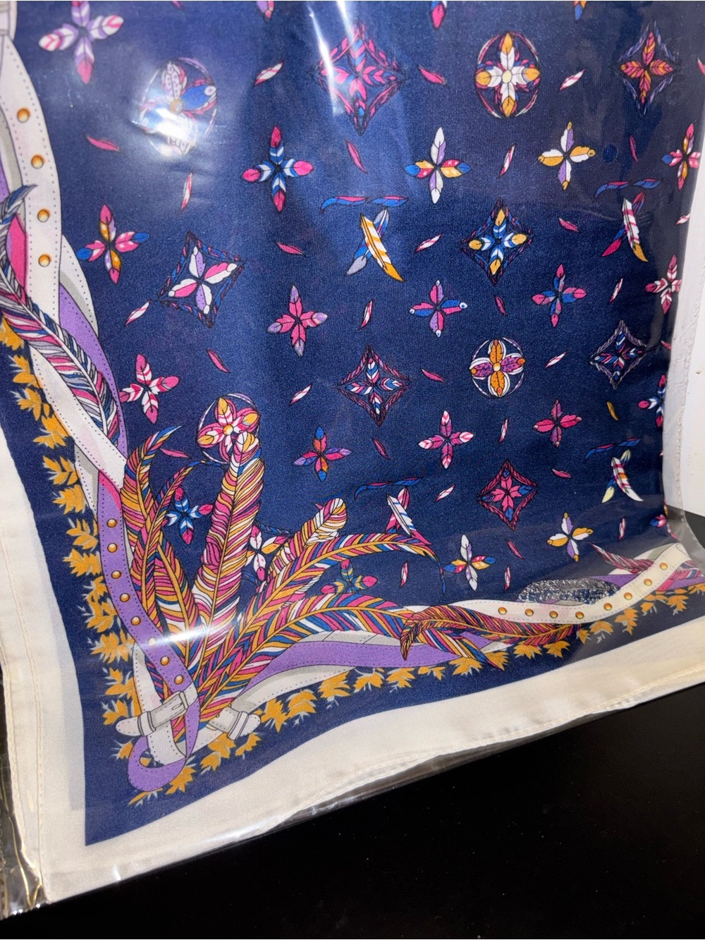 Navy Floral & Feather Print Silk Scarf-New In Plastic